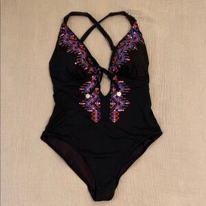 MW BY MATTHEW WILLIAMSON Black One-Piece Swimsuit Colorful Embroidery. Size 14
